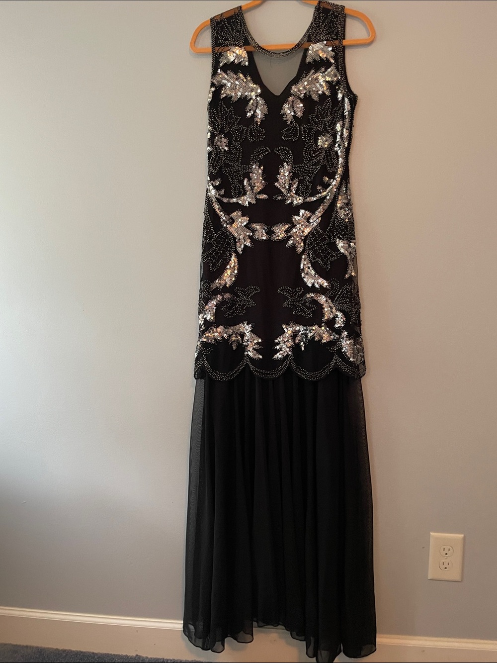Black Beaded Maxi Dress with Silver Sequin Embellishment